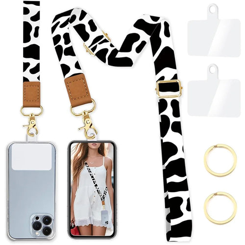 Adjustable Crossbody Phone Lanyard Key Badge Neck Strap Wrist Strap with 2 Tether Tabs + 2 Round Buckles - Cow - 1