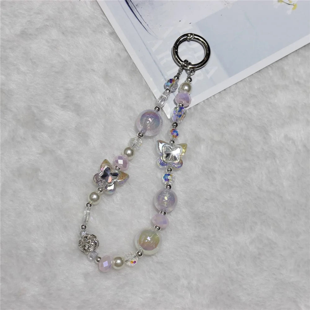 Cell Phone Lanyard 26cm Double Butterfly Beads Phone Chain Wrist Strap - 1