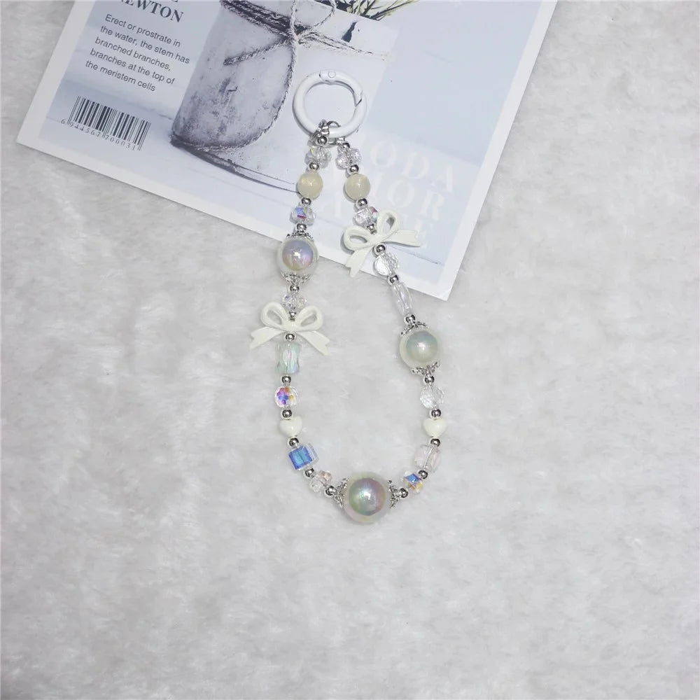Cell Phone Lanyard 26cm Luminous Beads Bow Charm Phone Chain Wrist Strap - White - 1