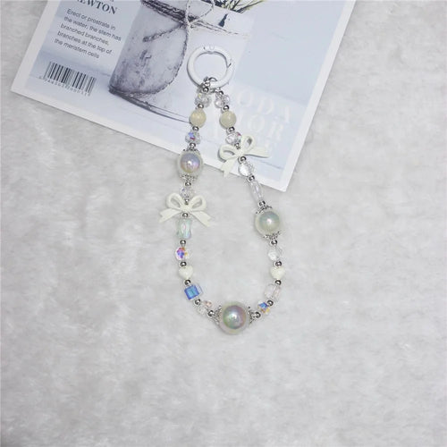 Cell Phone Lanyard 26cm Luminous Beads Bow Charm Phone Chain Wrist Strap - White - 1
