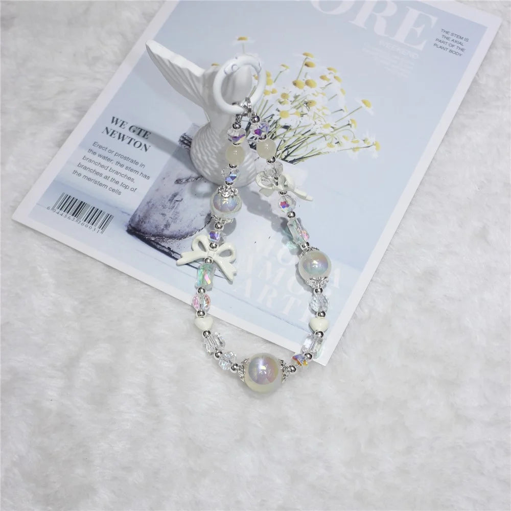 Cell Phone Lanyard 26cm Luminous Beads Bow Charm Phone Chain Wrist Strap - White - 2