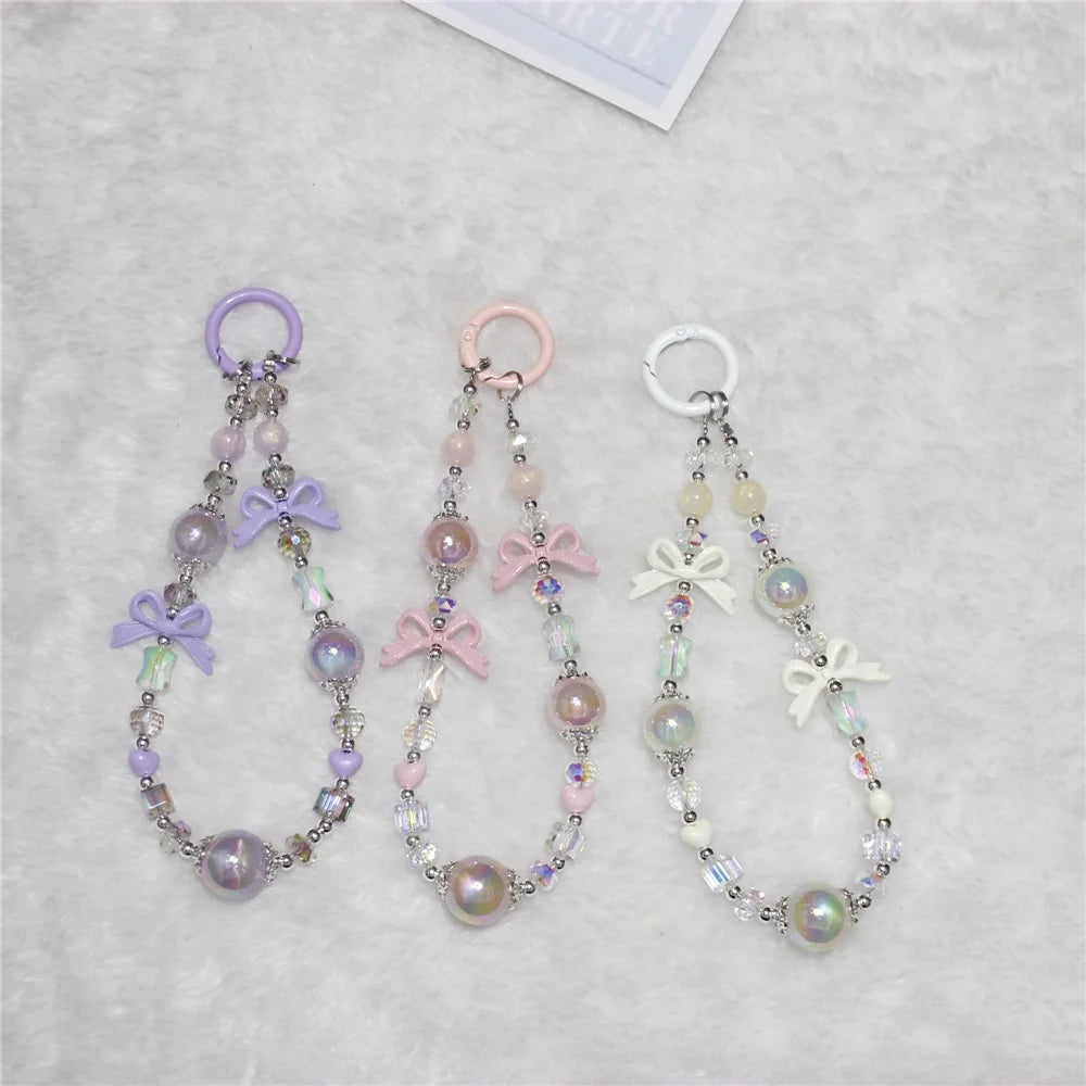 Cell Phone Lanyard 26cm Luminous Beads Bow Charm Phone Chain Wrist Strap - White - 3