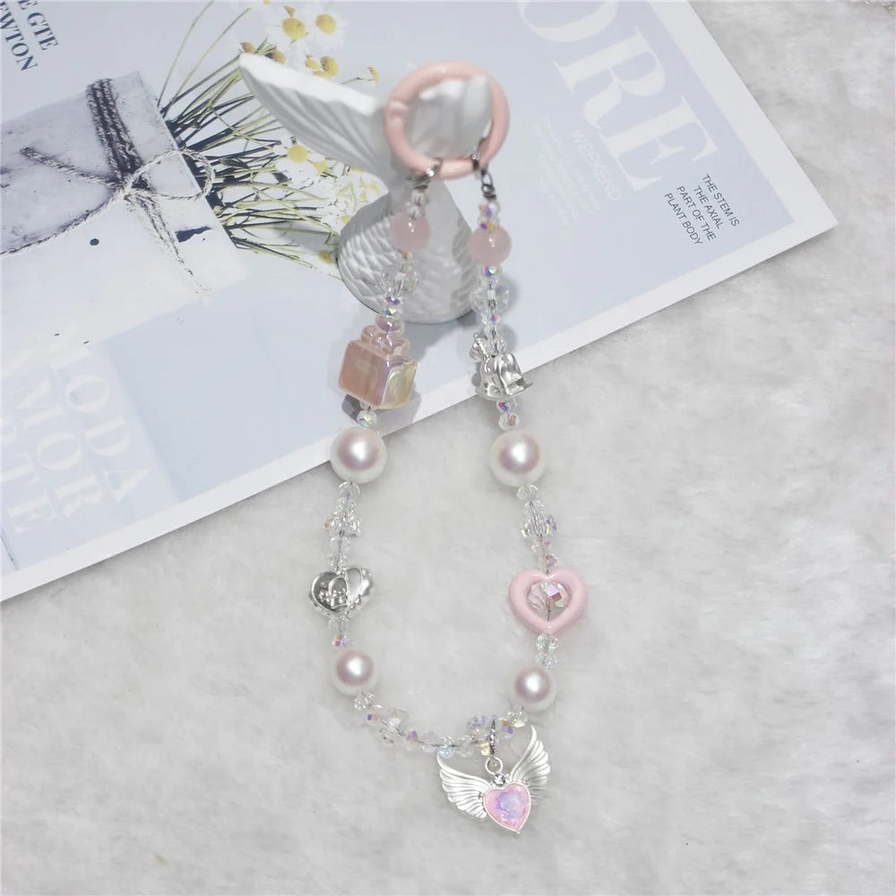 Cell Phone Lanyard 28cm Wing Charm Phone Chain Wrist Strap - Pink - 2