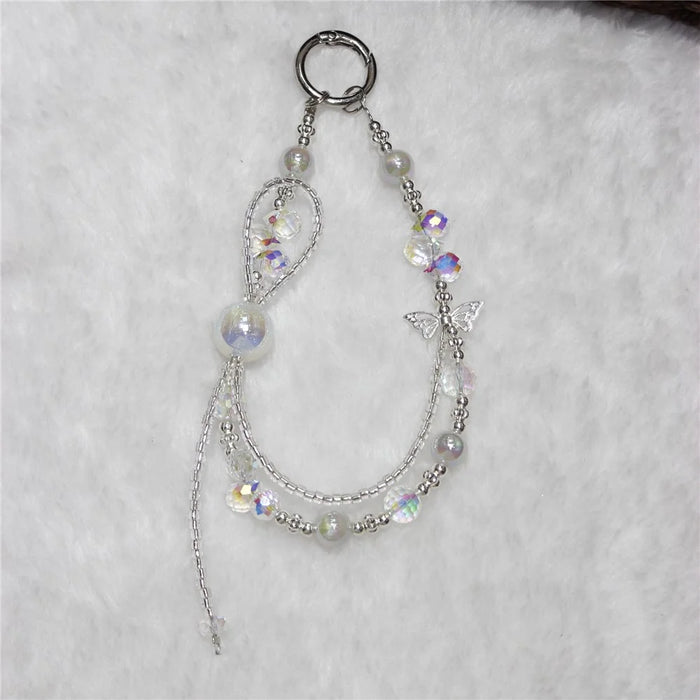 Cell Phone Lanyard 26cm Colorful Crystal Double Chain Phone Chain Wrist Strap - White - 1