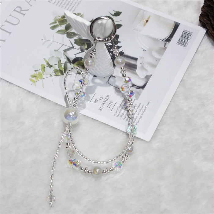 Cell Phone Lanyard 26cm Colorful Crystal Double Chain Phone Chain Wrist Strap - White - 2