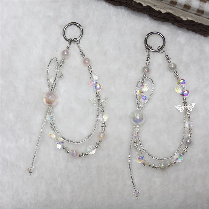Cell Phone Lanyard 26cm Colorful Crystal Double Chain Phone Chain Wrist Strap - White - 3
