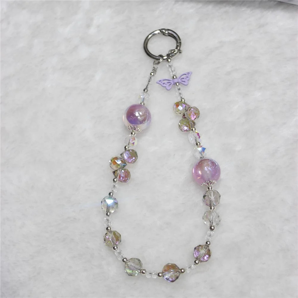 Cell Phone Lanyard 26cm Butterfly Charm Crystal Beads Phone Chain Wrist Strap - Purple - 1