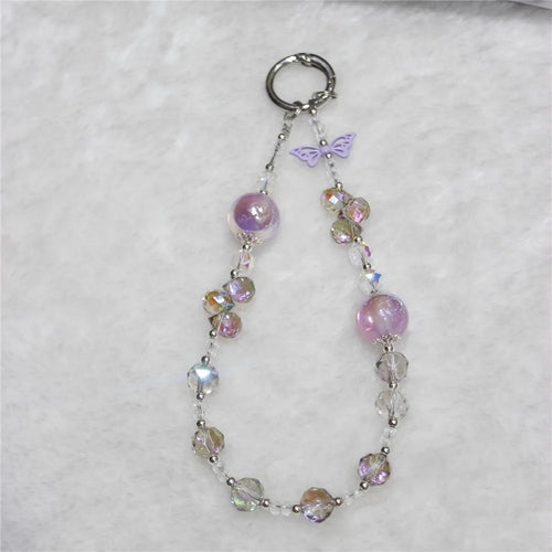 Cell Phone Lanyard 26cm Butterfly Charm Crystal Beads Phone Chain Wrist Strap - Purple - 1