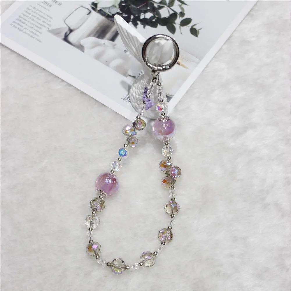 Cell Phone Lanyard 26cm Butterfly Charm Crystal Beads Phone Chain Wrist Strap - Purple - 2