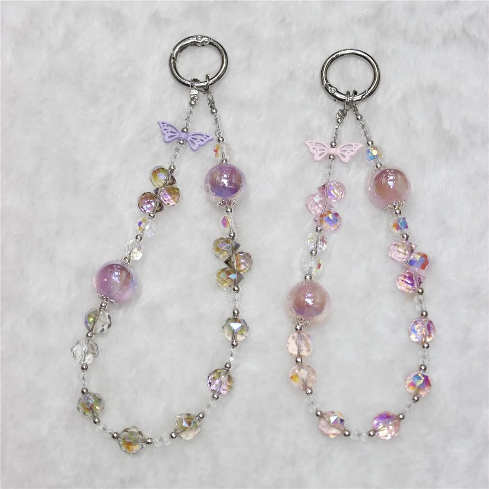 Cell Phone Lanyard 26cm Butterfly Charm Crystal Beads Phone Chain Wrist Strap - Purple - 3