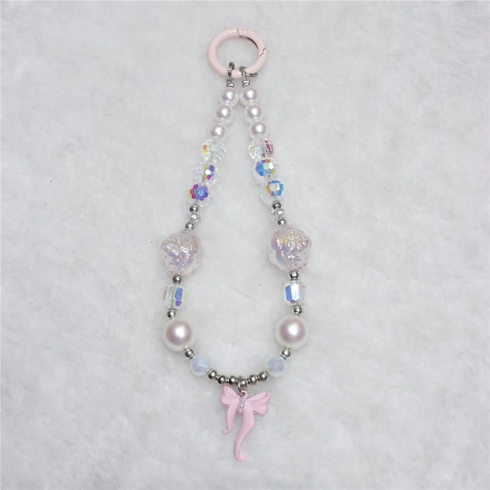 Phone Wrist Strap Short 26cm Flower Bow Accents Beaded Phone Bracelet Strap - Pink - 1