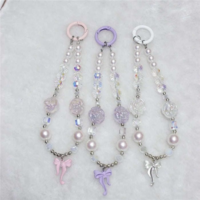 Phone Wrist Strap Short 26cm Flower Bow Accents Beaded Phone Bracelet Strap - Pink - 3