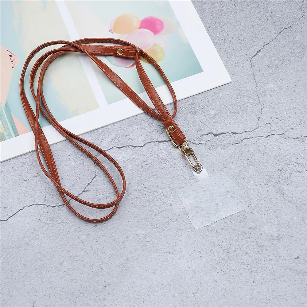 Universal Cell Phone Lanyard Adjustable PU Leather Neck Lanyard Crossbody Neck Strap Wrist Strap with Transparent Pad - Brown - 2
