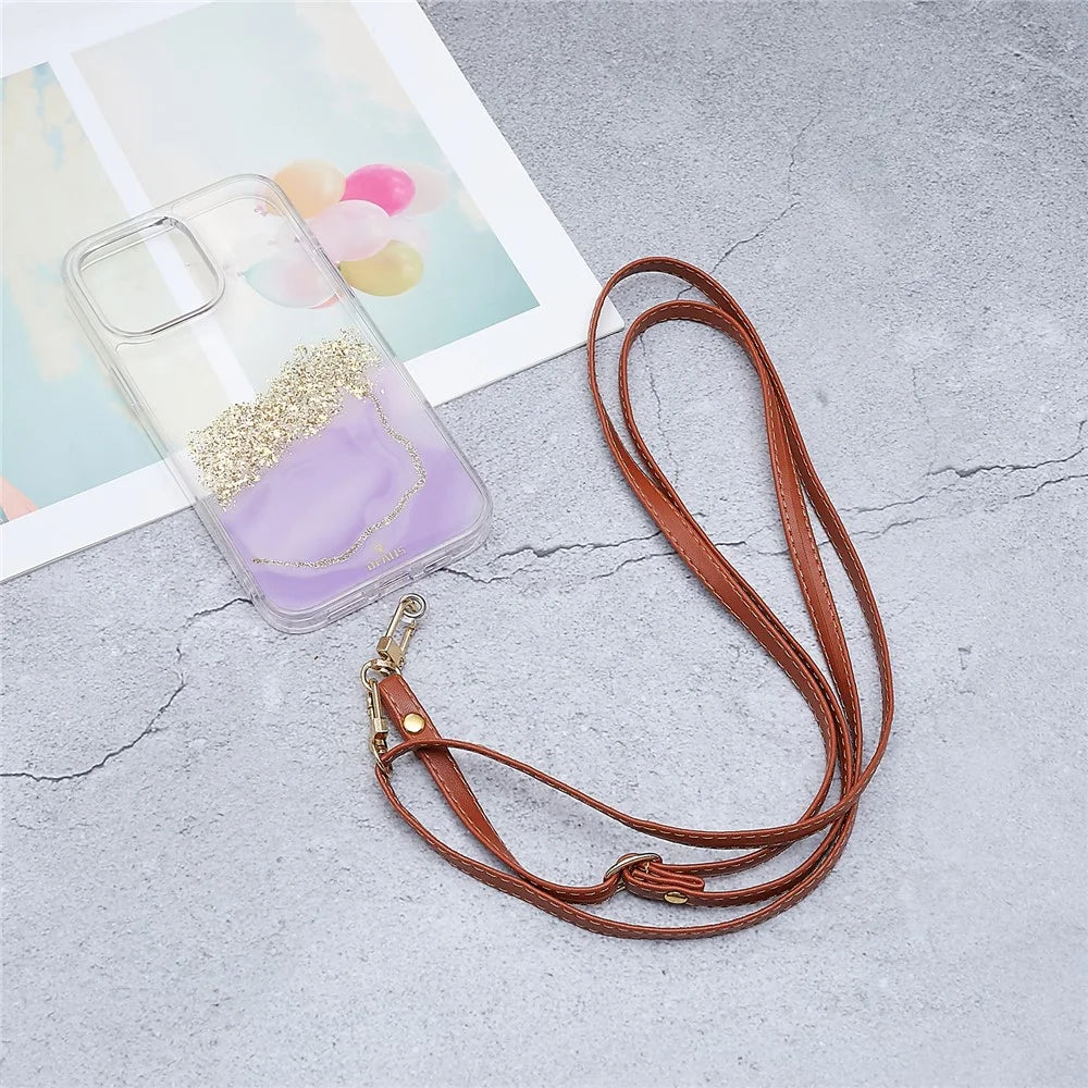 Universal Cell Phone Lanyard Adjustable PU Leather Neck Lanyard Crossbody Neck Strap Wrist Strap with Transparent Pad - Brown - 4