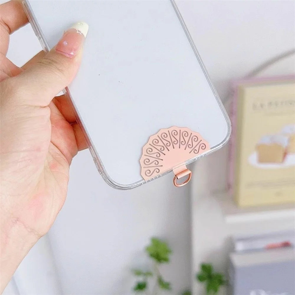 Metal Phone Tether Tab Fan Shape Universal Cellphone Lanyard Pad - Rose Gold - 2