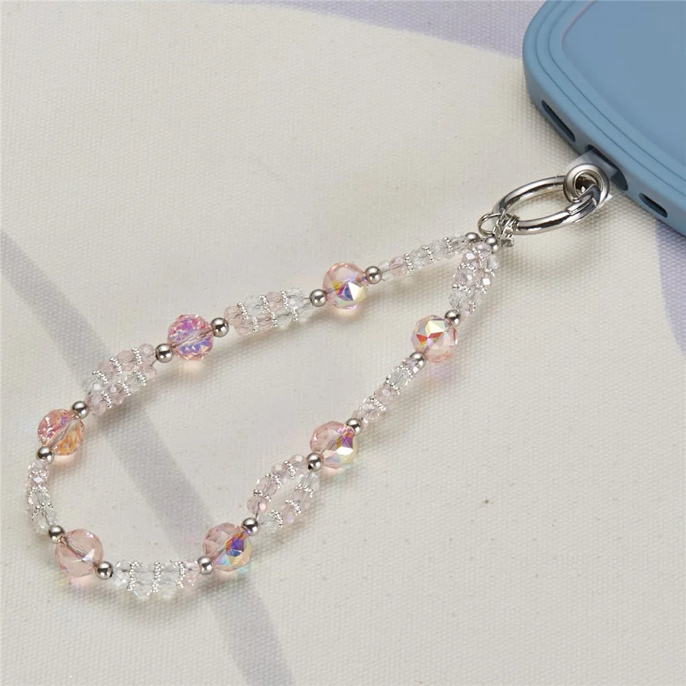 Cell Phone Charm Lanyard 26cm Rhombus Beads Phone Case Wrist Strap for Women Girls - Pink - 3