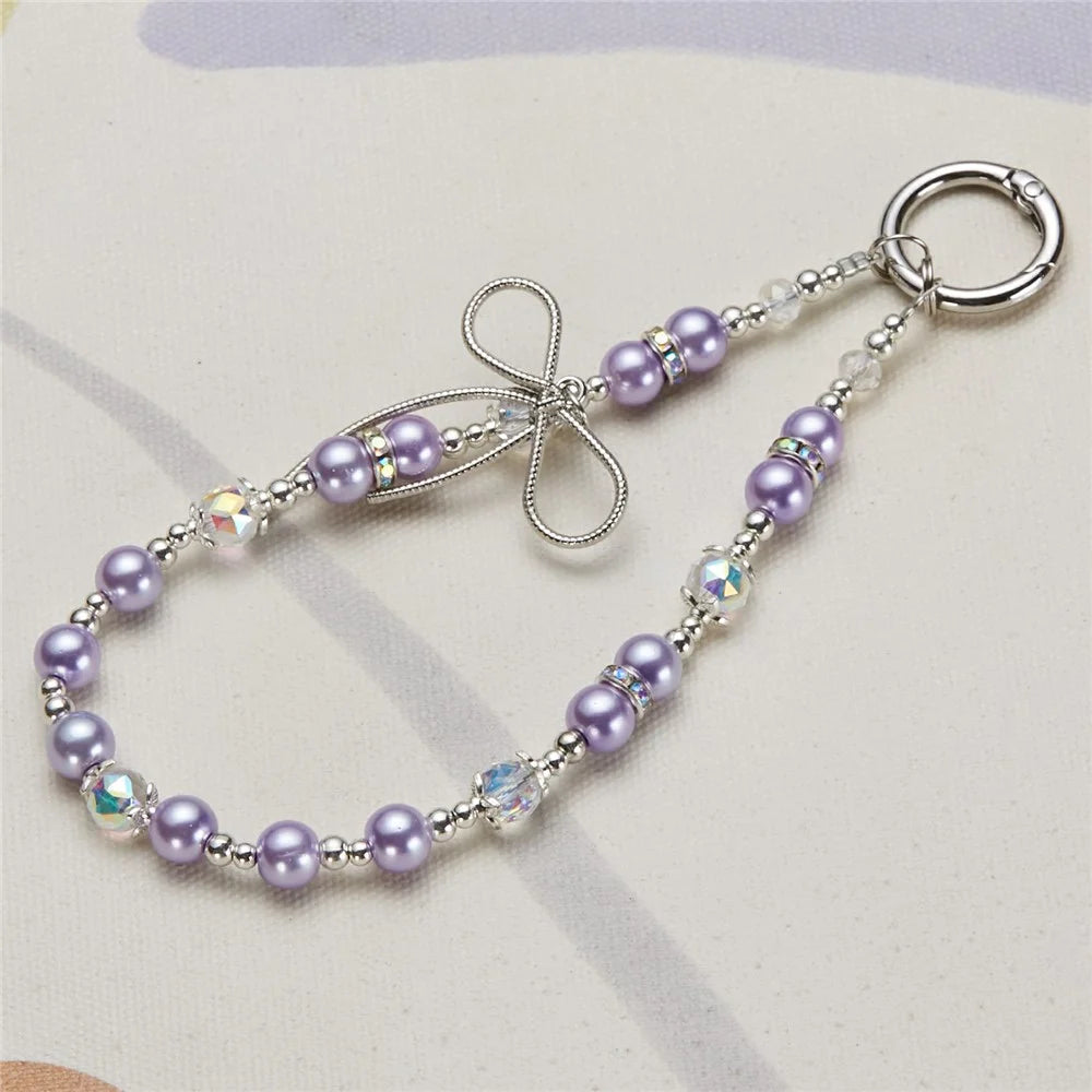 Cell Phone Charm Lanyard 26cm Bowknot Alloy Beads Phone Case Wrist Strap for Women Girls - Purple - 2