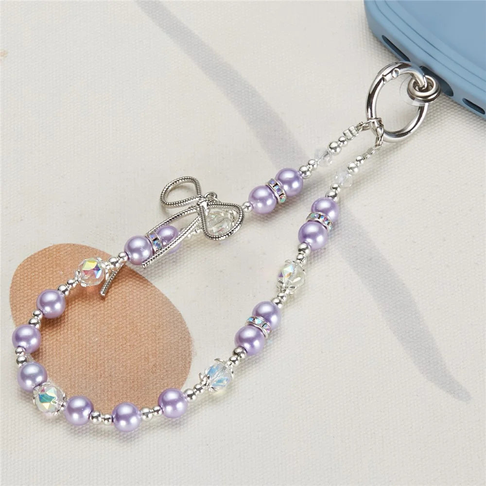 Cell Phone Charm Lanyard 26cm Bowknot Alloy Beads Phone Case Wrist Strap for Women Girls - Purple - 3