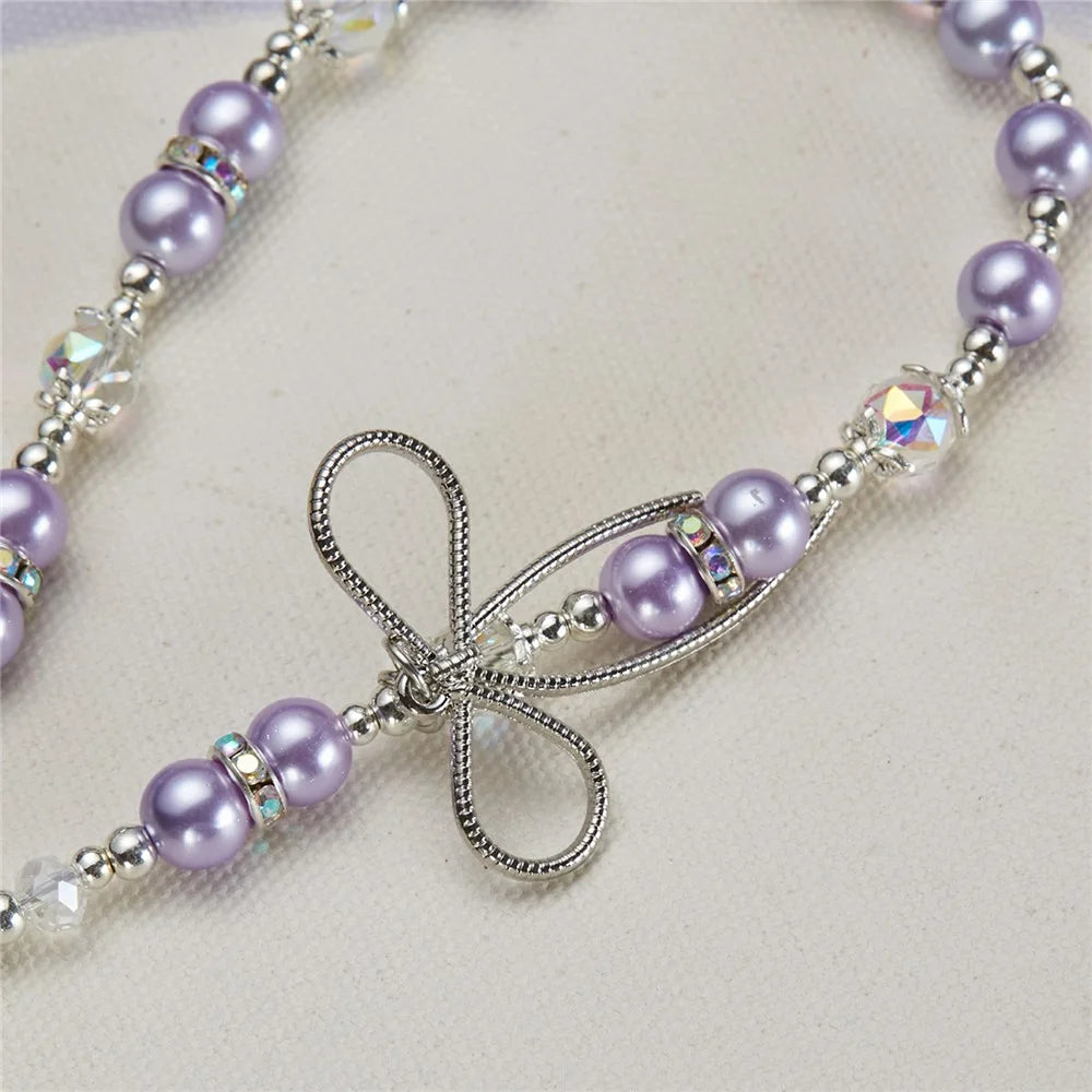 Cell Phone Charm Lanyard 26cm Bowknot Alloy Beads Phone Case Wrist Strap for Women Girls - Purple - 4