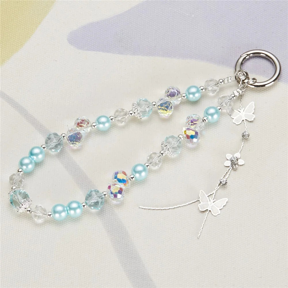 Cell Phone Charm Lanyard 26cm Alloy Butterfly Pendants Beads Phone Case Wrist Strap for Women Girls - Blue - 2