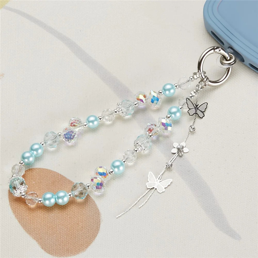 Cell Phone Charm Lanyard 26cm Alloy Butterfly Pendants Beads Phone Case Wrist Strap for Women Girls - Blue - 3