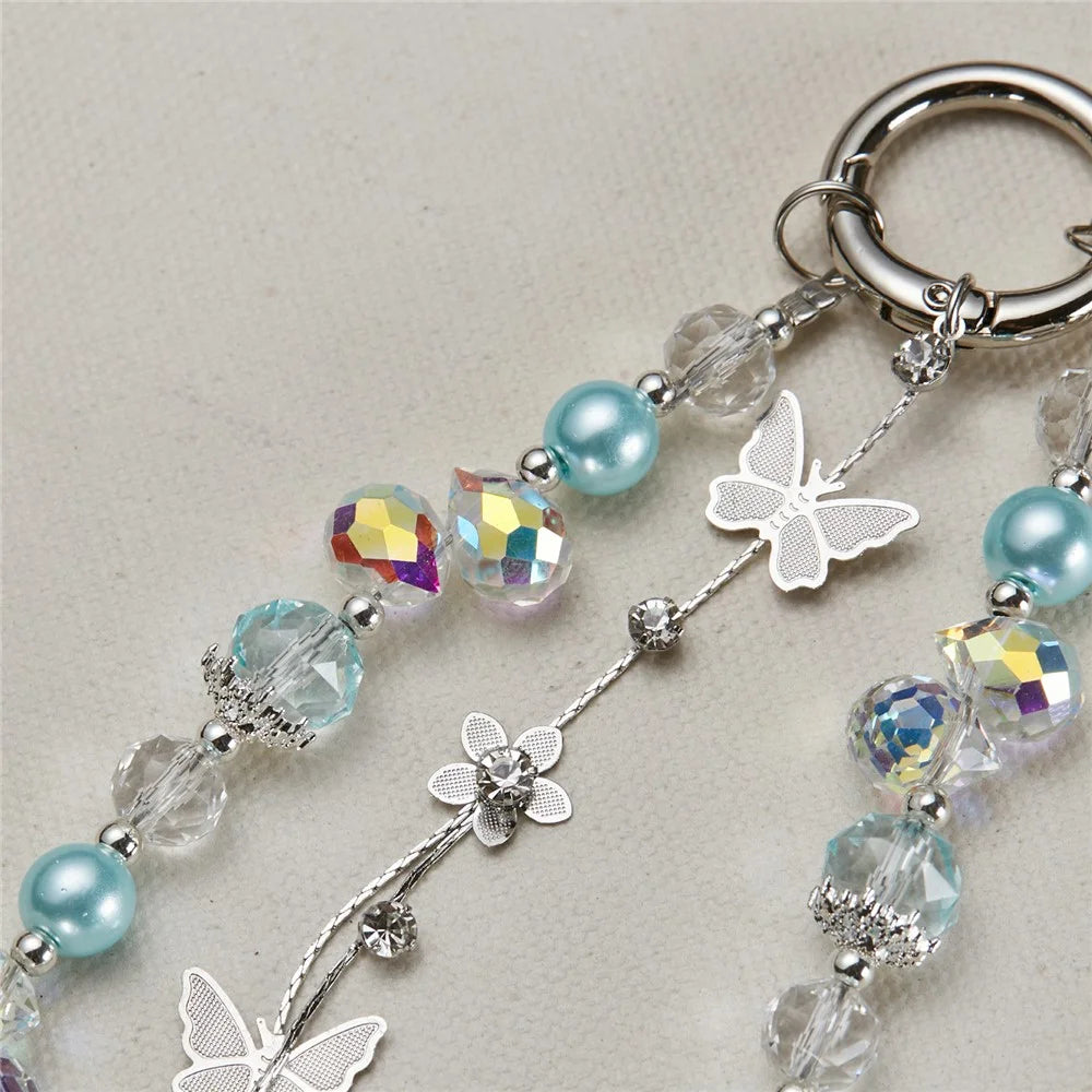 Cell Phone Charm Lanyard 26cm Alloy Butterfly Pendants Beads Phone Case Wrist Strap for Women Girls - Blue - 4