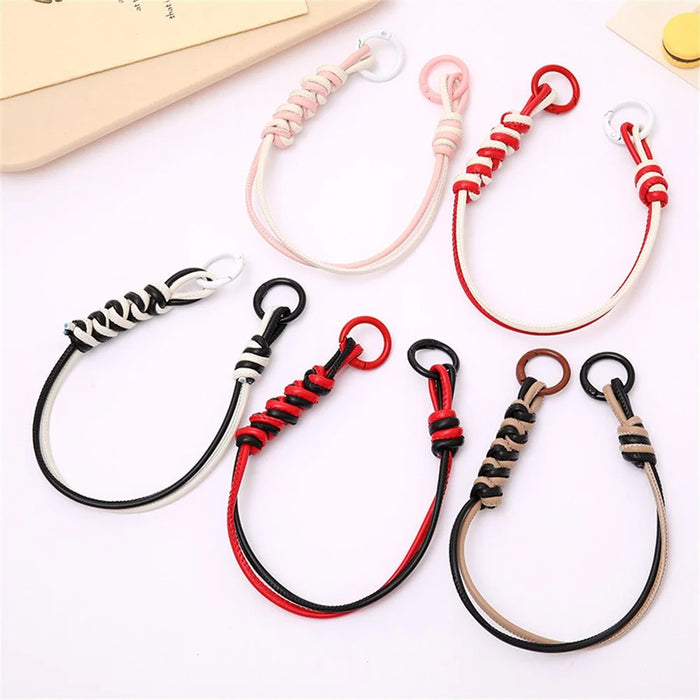 Vibrant Colored PU Leather Phone Case Lanyard with Keychain, Anti-Loss Cell Phone Strap - Pink / White - 3