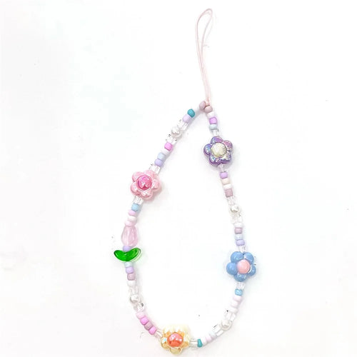 Beaded Phone Lanyard Wrist Strap Cute Flower Aesthetic Cell Phone Keychain Charm - 1
