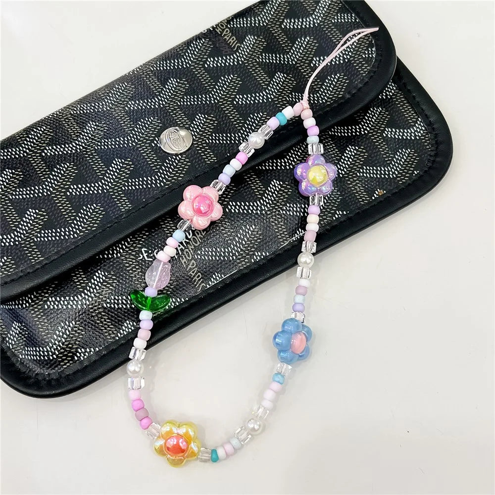 Beaded Phone Lanyard Wrist Strap Cute Flower Aesthetic Cell Phone Keychain Charm - 4