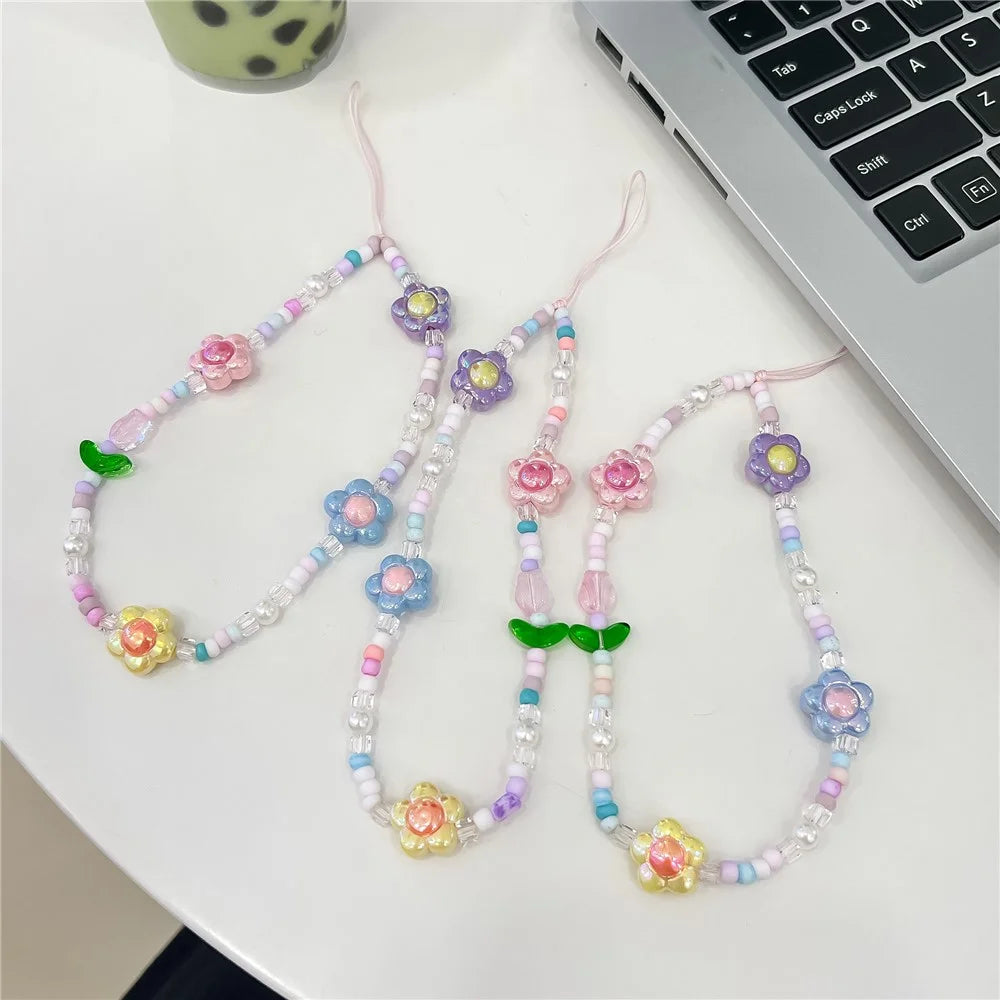 Beaded Phone Lanyard Wrist Strap Cute Flower Aesthetic Cell Phone Keychain Charm - 6