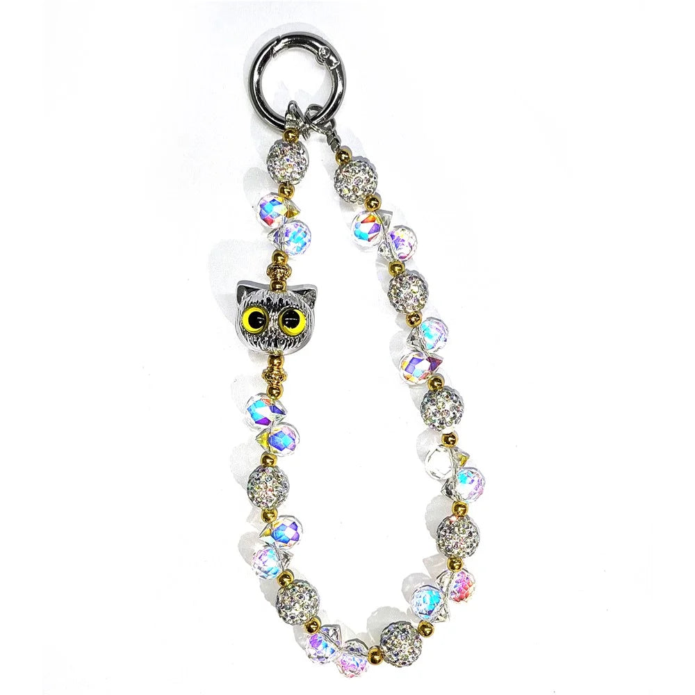Beaded Phone Wrist Strap Cat Eye 26cm Length Short Chain Phone Lanyard with Tether Tab - Silver - 1