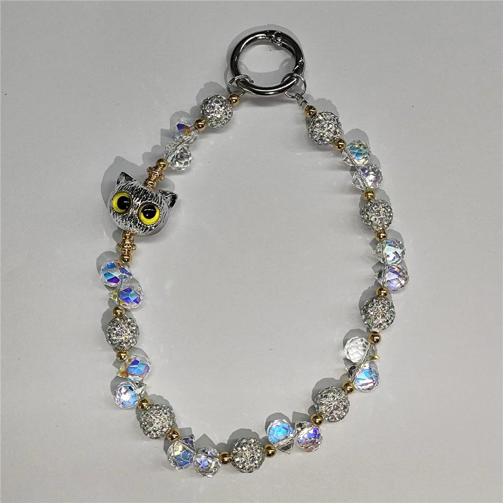 Beaded Phone Wrist Strap Cat Eye 26cm Length Short Chain Phone Lanyard with Tether Tab - Silver - 2