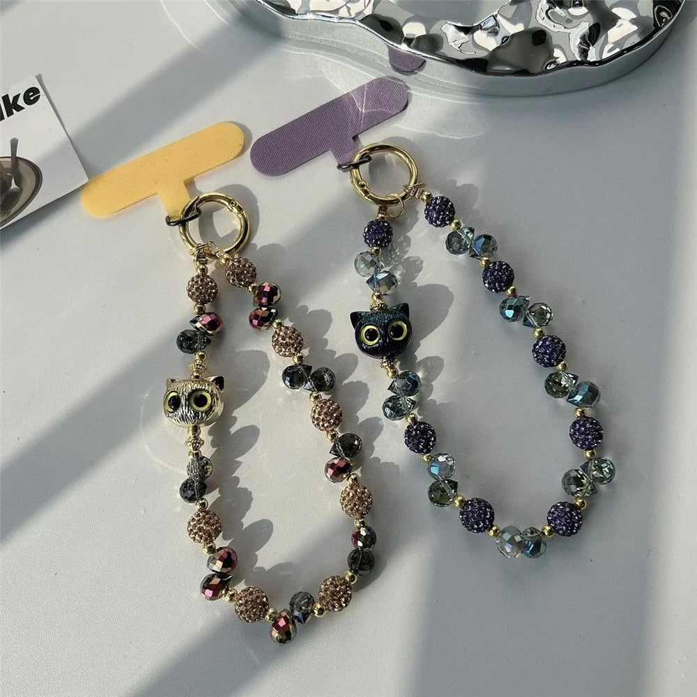 Beaded Phone Wrist Strap Cat Eye 26cm Length Short Chain Phone Lanyard with Tether Tab - Silver - 5