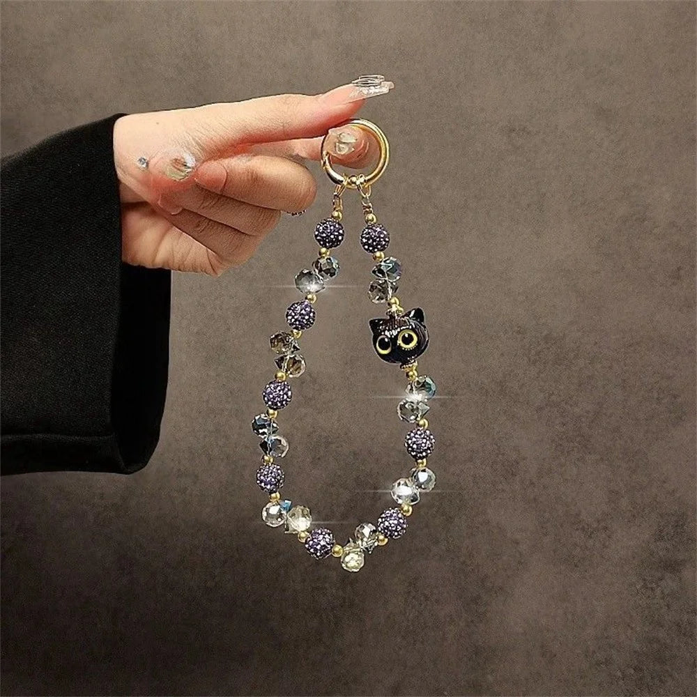 Beaded Phone Wrist Strap Cat Eye 26cm Length Short Chain Phone Lanyard with Tether Tab - Silver - 6