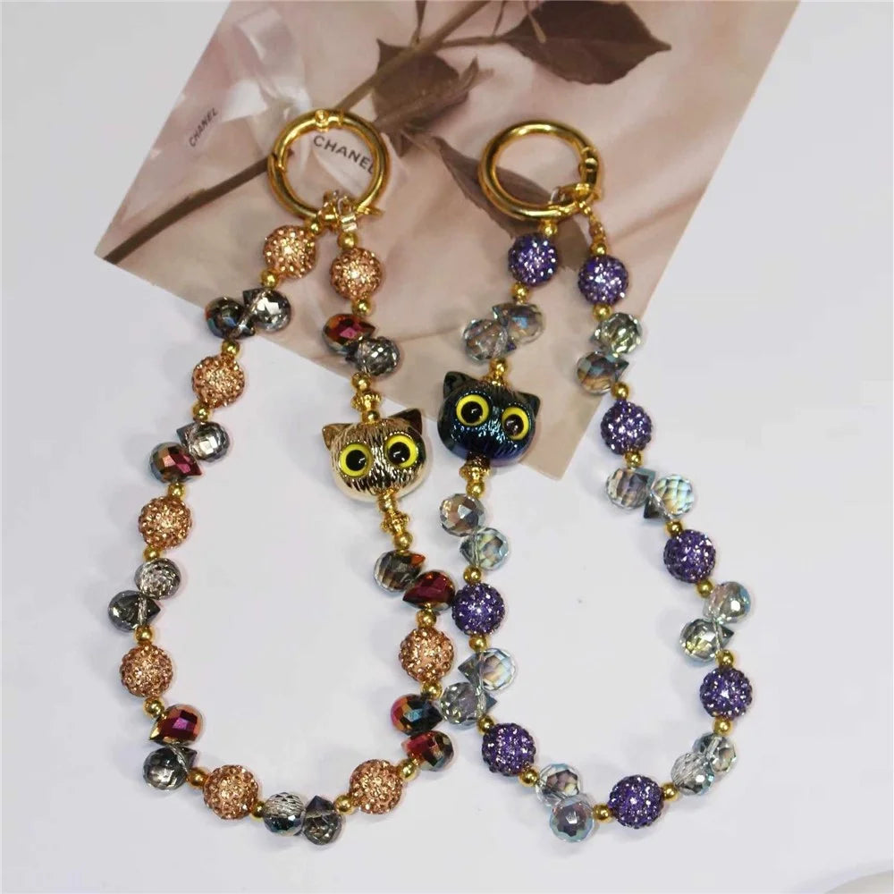 Beaded Phone Wrist Strap Cat Eye 26cm Length Short Chain Phone Lanyard with Tether Tab - Silver - 7