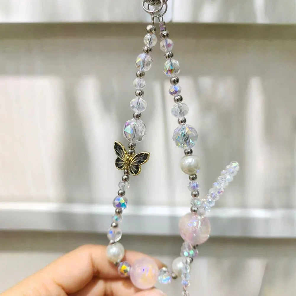 Butterfly Charm 26cm Short Beaded Phone Strap Lanyard Wrist Strap with Tether Tab - Black - 1