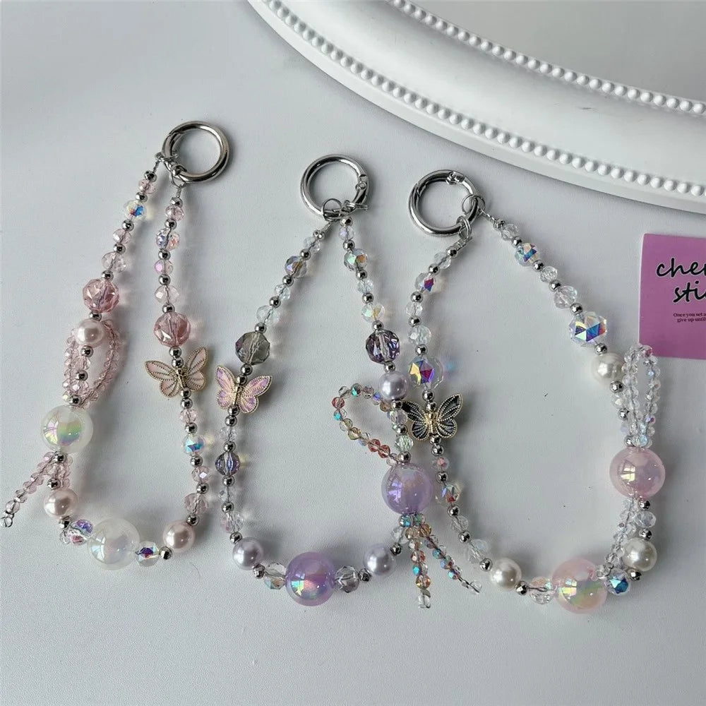 Butterfly Charm 26cm Short Beaded Phone Strap Lanyard Wrist Strap with Tether Tab - Black - 3