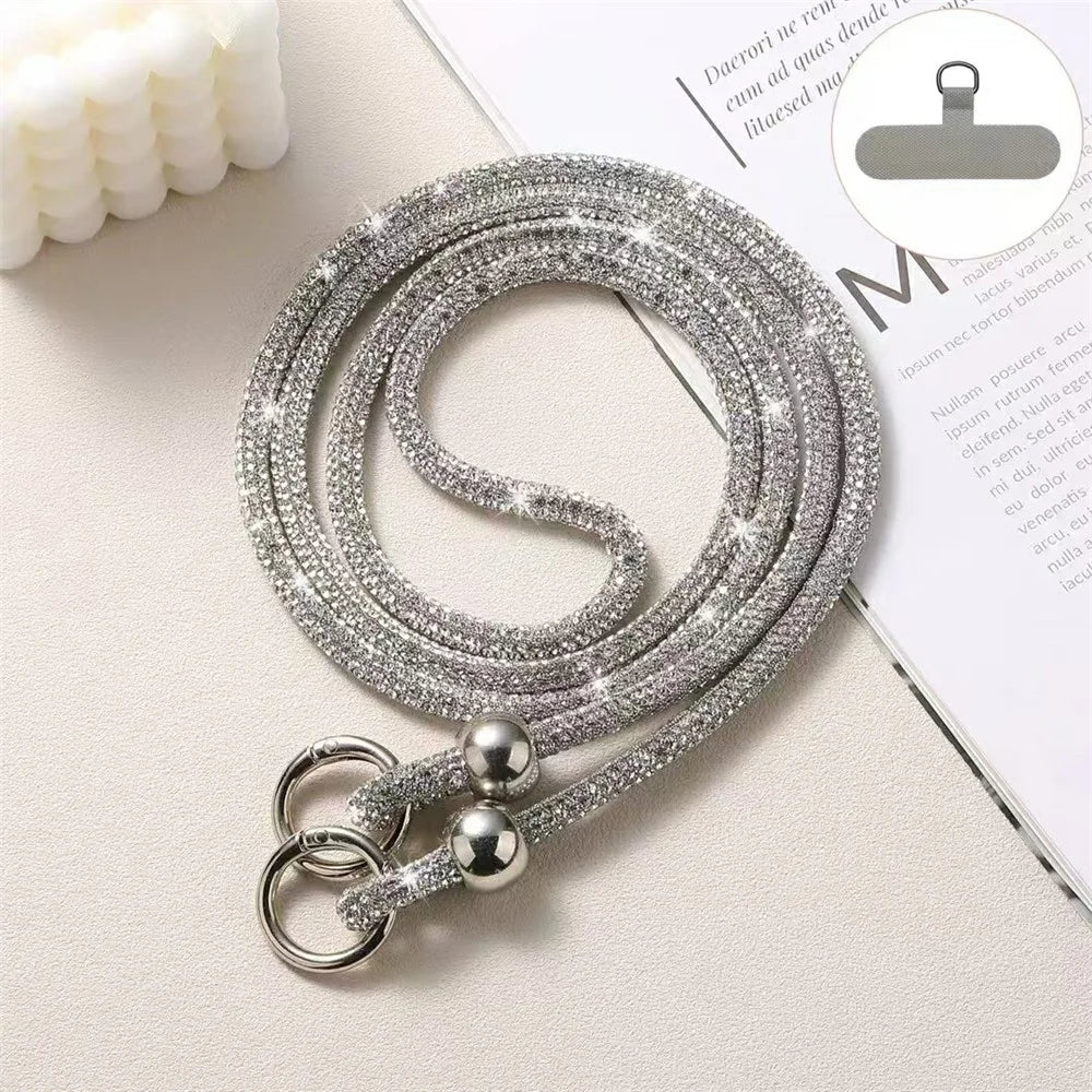60cm Rhinestone Beaded Phone Lanyard with Tether Tab Adjustable Crossbody Strap - White - 1