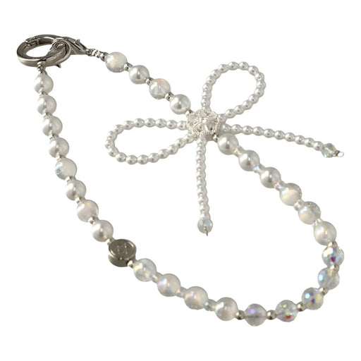 JAUCASE AJ029 White Bow Series Phone Chain with Tether Tabs Crystal Pearl Beads Strap 30cm Length - 1