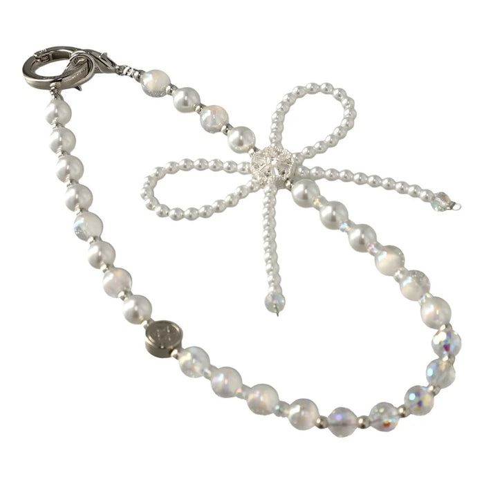 JAUCASE AJ029 White Bow Series Phone Chain with Tether Tabs Crystal Pearl Beads Strap 30cm Length - 1