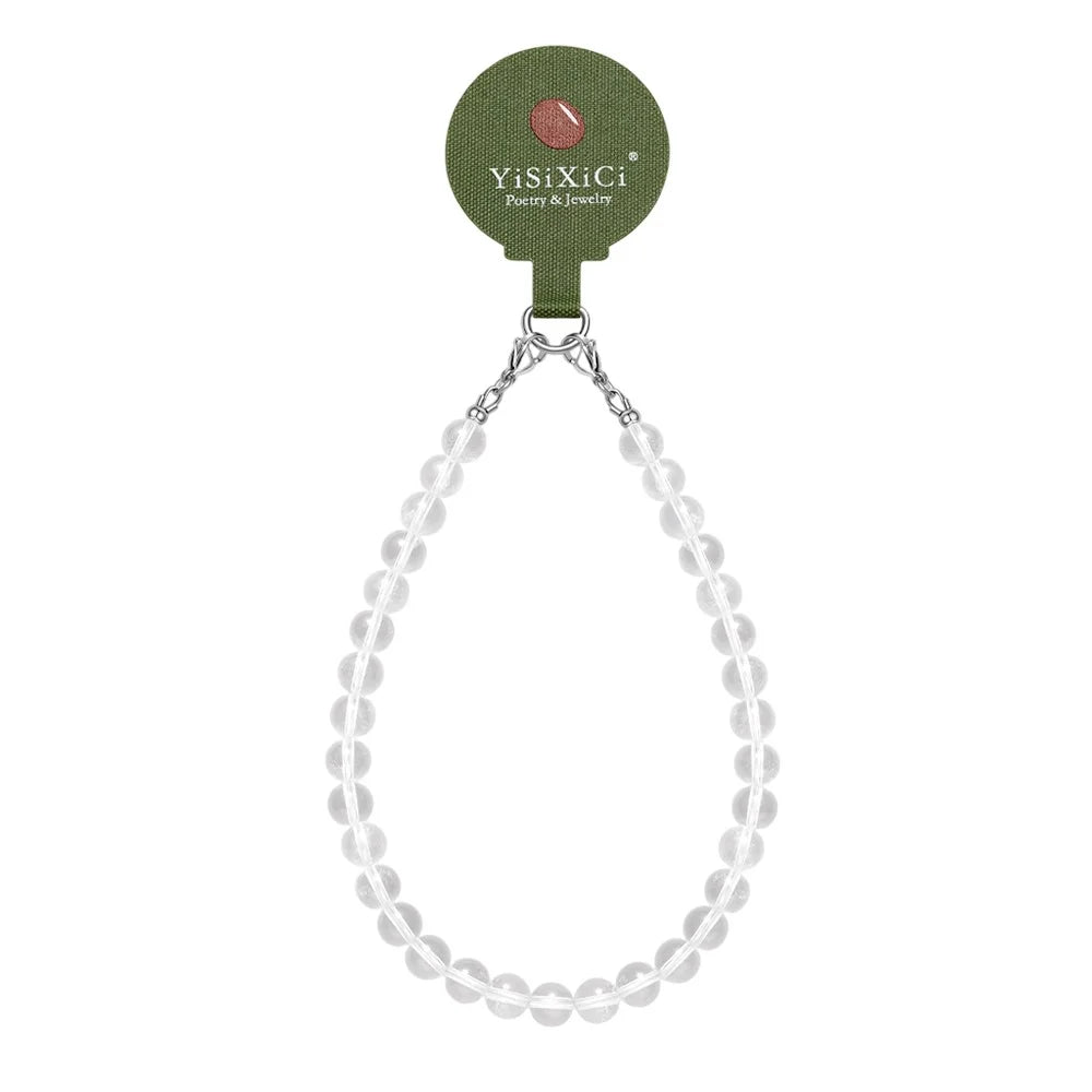 YISIXICI SJL0001 8mm Round Bead Phone Wrist Lanyard White Crystal Charm Bracelet - 1