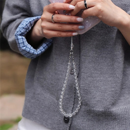 YISIXICI SJL0001 8mm Round Bead Phone Wrist Lanyard White Crystal Charm Bracelet - 2