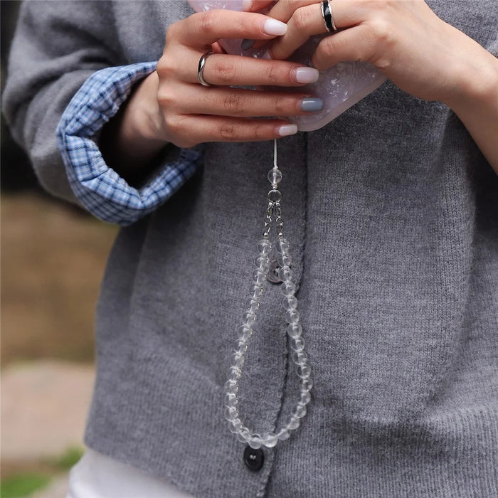 YISIXICI SJL0001 8mm Round Bead Phone Wrist Lanyard White Crystal Charm Bracelet - 2