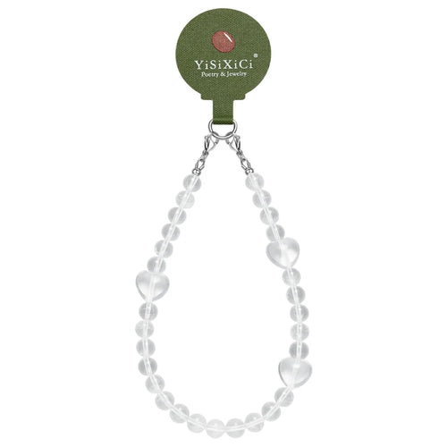 YISIXICI SJL0005 White Crystal Charm Bracelet Heart Design 8mm Round Bead Phone Wrist Lanyard - 1