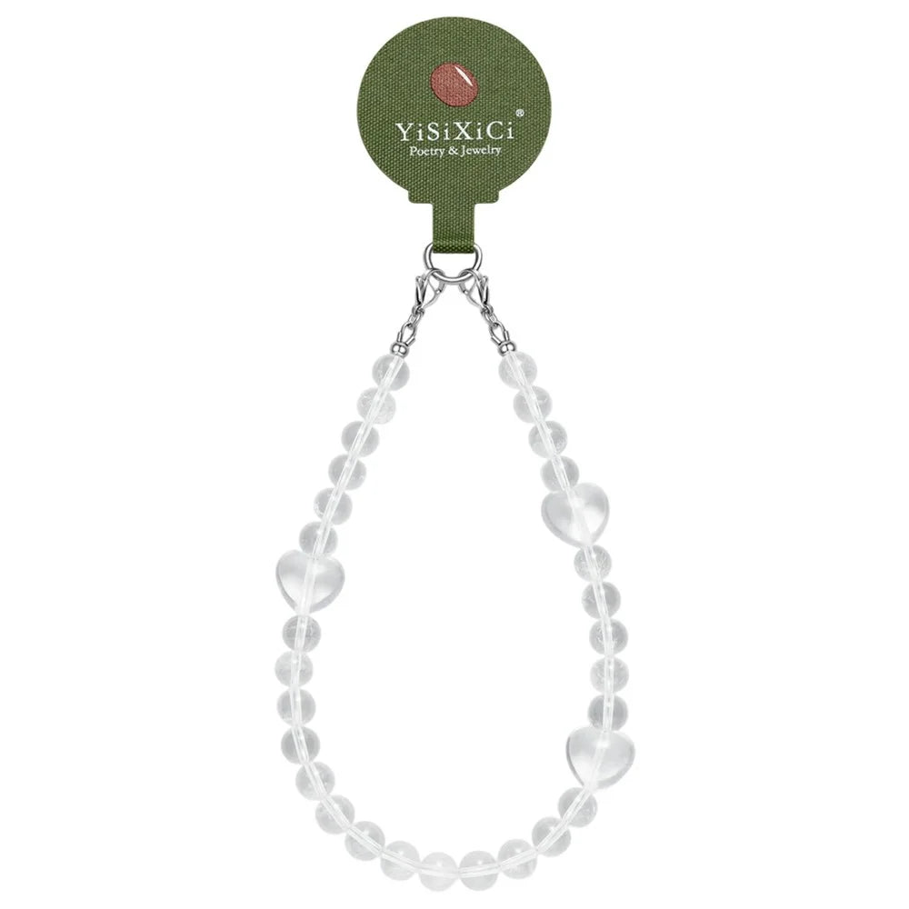 YISIXICI SJL0005 White Crystal Charm Bracelet Heart Design 8mm Round Bead Phone Wrist Lanyard - 1