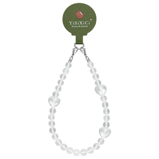 YISIXICI SJL0005 White Crystal Charm Bracelet Heart Design 8mm Round Bead Phone Wrist Lanyard - 1