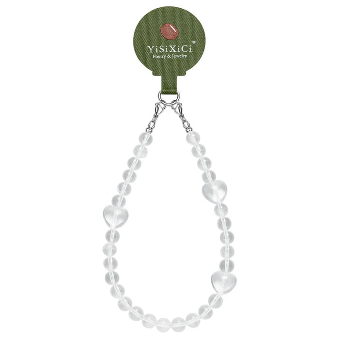 YISIXICI SJL0005 White Crystal Charm Bracelet Heart Design 8mm Round Bead Phone Wrist Lanyard - 1
