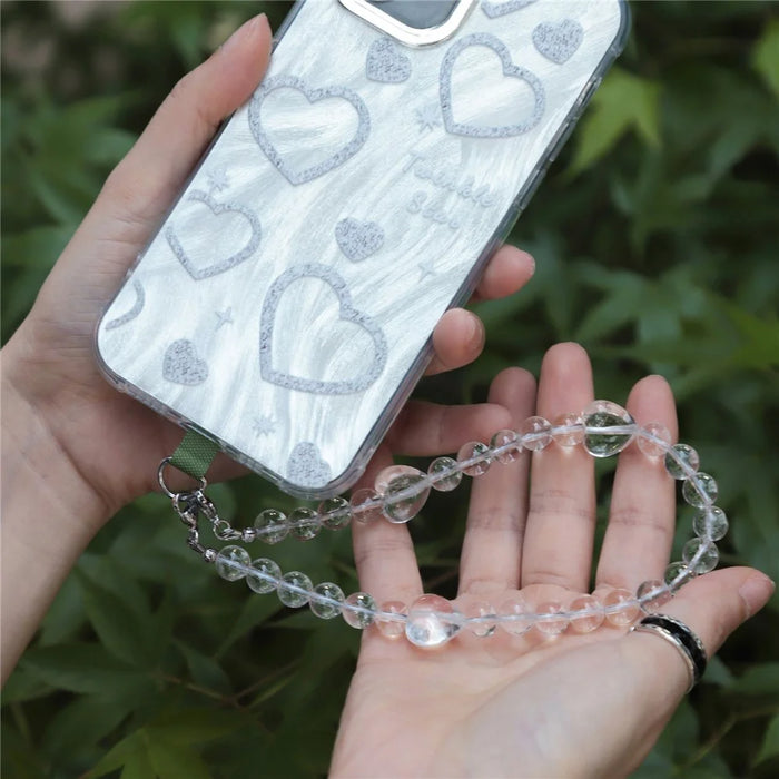 YISIXICI SJL0005 White Crystal Charm Bracelet Heart Design 8mm Round Bead Phone Wrist Lanyard - 6