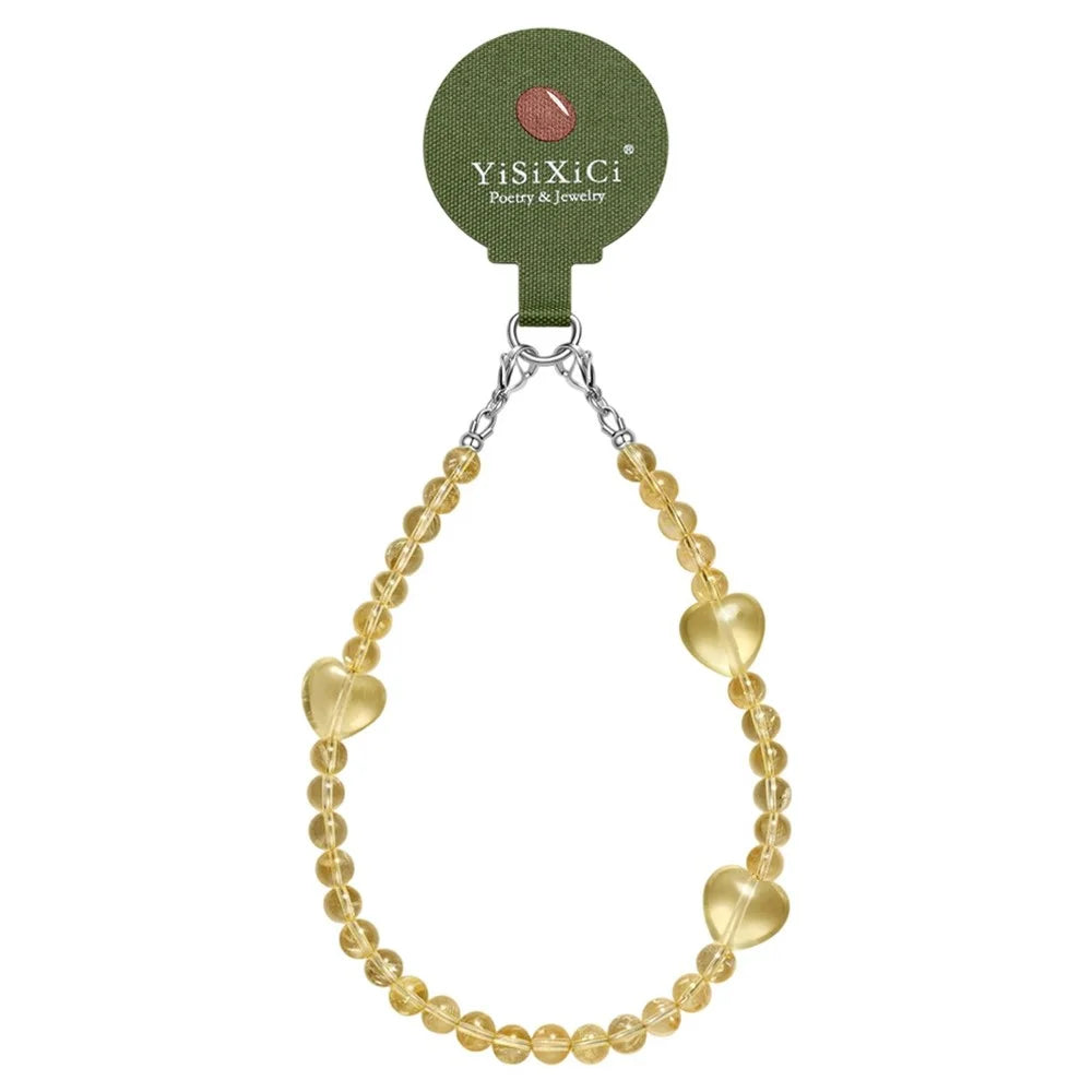 YISIXICI SJL0006 Phone Charms Citrine Hand Strap 7mm Round Bead Heart Design Hanging Lanyard - 1