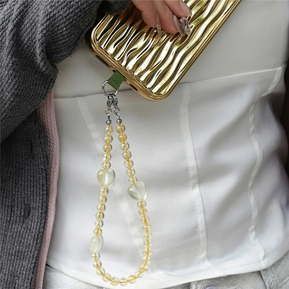 YISIXICI SJL0006 Phone Charms Citrine Hand Strap 7mm Round Bead Heart Design Hanging Lanyard - 6